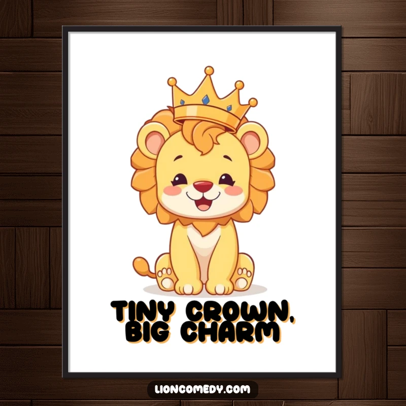 Funny lion cub digital art print, capturing a cheerful cub precariously balancing a crown, instant downloadable regal art for charming decor.