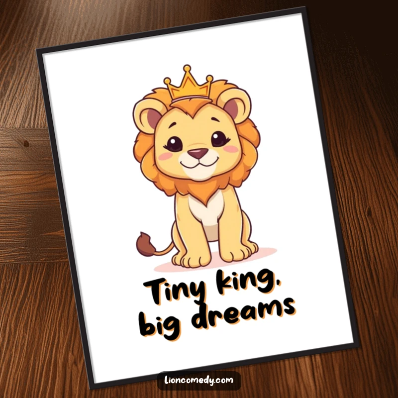 Funny digital art print of a proud lion cub standing tall with a small crown, perfect for kids' decor.