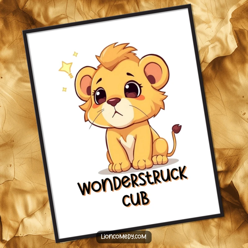Funny lion cub digital art print, capturing a cub’s wonder at a shooting star, instant downloadable magical wall art for any room.