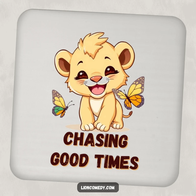 Funny Lion Cub Butterfly Drink Coaster, a cute lion cub with a wide grin, chasing a butterfly, protecting tables.