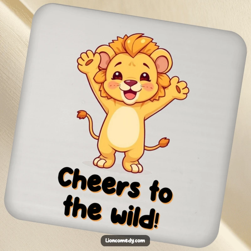Funny dancing lion cub coaster, arms raised in a celebratory dance, protecting surfaces with a touch of joy and whimsy.