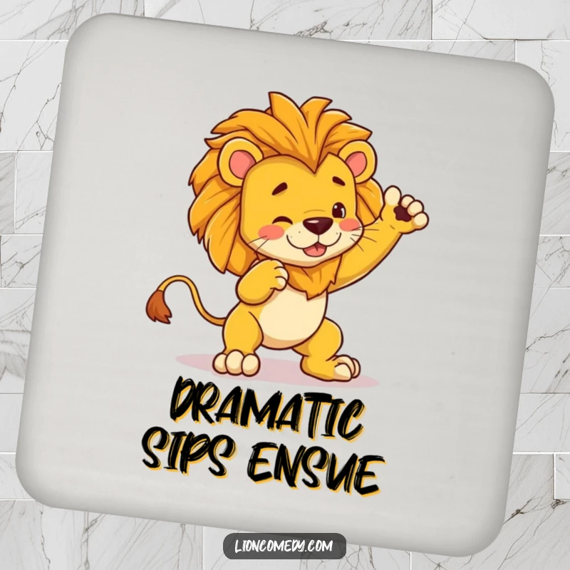 Funny kawaii lion drink coaster featuring a cute lion striking a dramatic pose, then hilariously tripping, protecting surfaces.