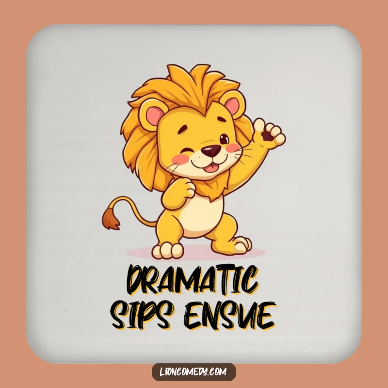 Funny Dramatic Lion Tripping Drink Coaster: Pose Fail Protection with Humor