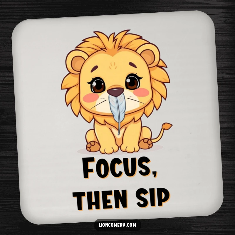 Funny Kawaii lion coasters showcasing a lion concentrating on balancing a feather on its nose. Protecting surfaces with humor. Humorous.