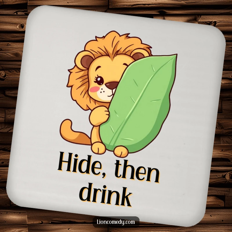 Funny Kawaii lion coasters showcasing a lion hiding behind a leaf, peeking out. Protecting surfaces with humor. Humorous.