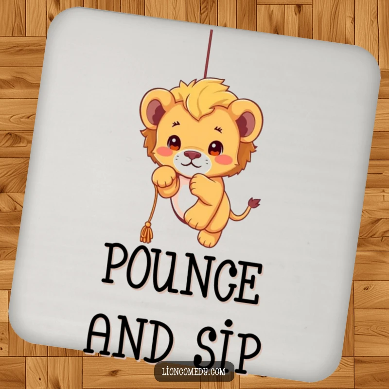 Funny kawaii lion cub drink coaster featuring a cute cub playfully pouncing, protecting surfaces with adorable, humorous flair.