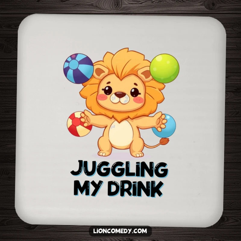 Funny kawaii lion drink coaster featuring a determined cub juggling three colorful balls, offering protection with humorous flair.