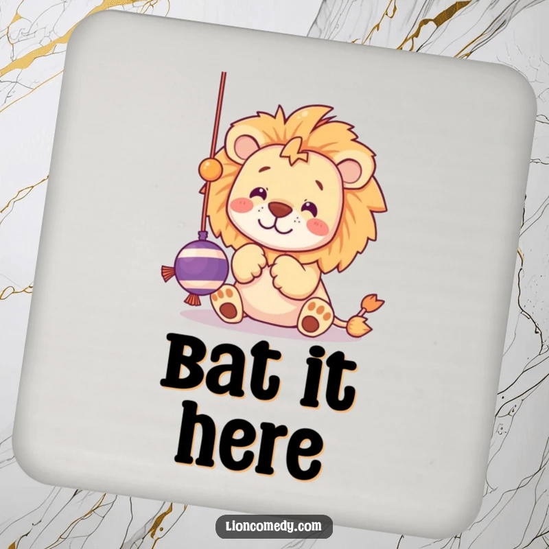 Funny drink coaster featuring a kawaii lion batting at a dangling string toy with playful paws.