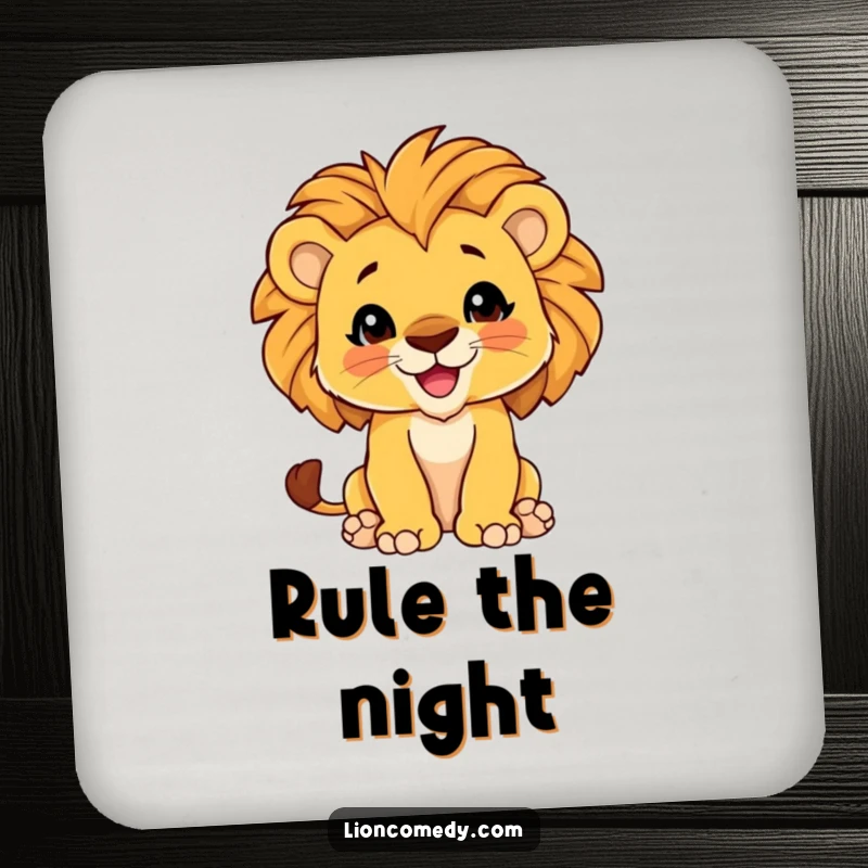 Funny Drink Coaster showcasing a proud lion cub with its chest out and impressive mane, adding a humorous touch.