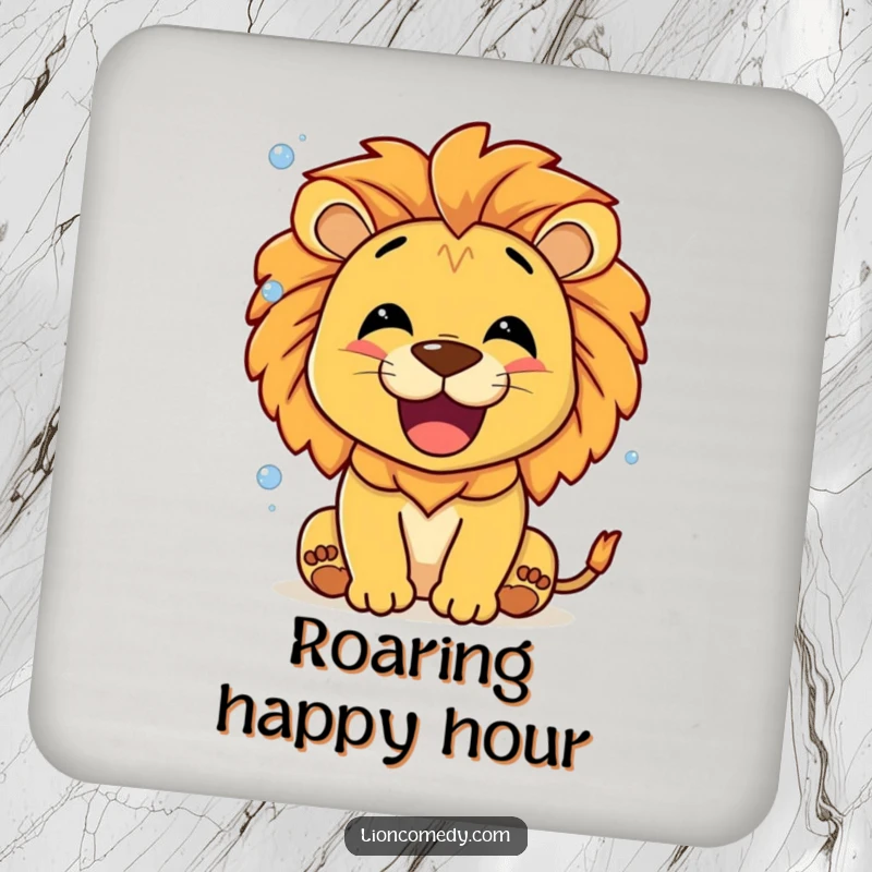 Funny Lion Roaring Bubbles Drink Coaster, a smiling lion roaring happily with tiny bubbles, protecting tables.