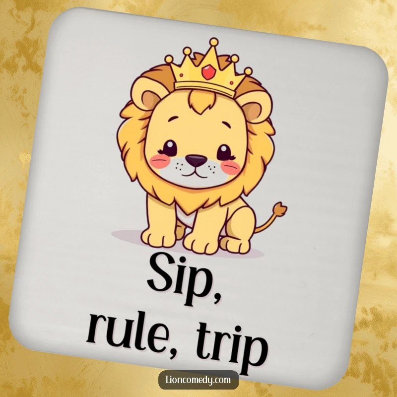 Funny kawaii lion drink coaster featuring a cute crowned lion exuding regality before a comical stumble, protecting surfaces.