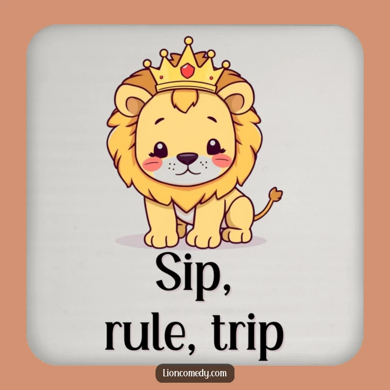 Funny Regal Lion Stumbling Drink Coaster: Cute Crowned Protection with Humor