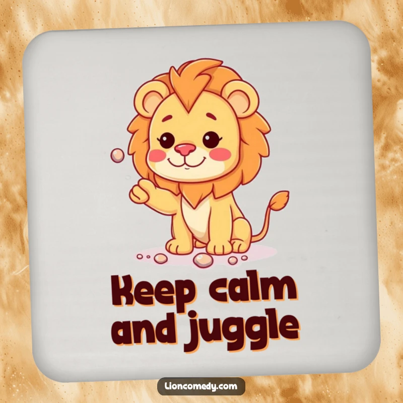 Funny kawaii lion cub with a curious head tilt, juggling shiny pebbles, on a drink coaster for tabletop protection.