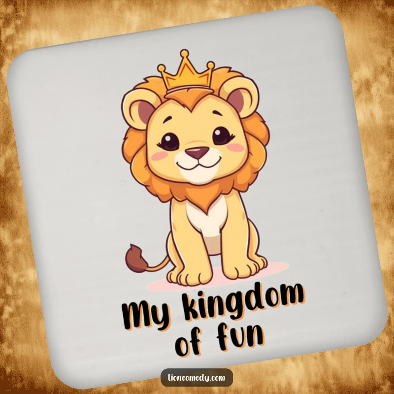 Funny drink coaster with a proud lion cub standing tall with a small crown, adding regal humor.