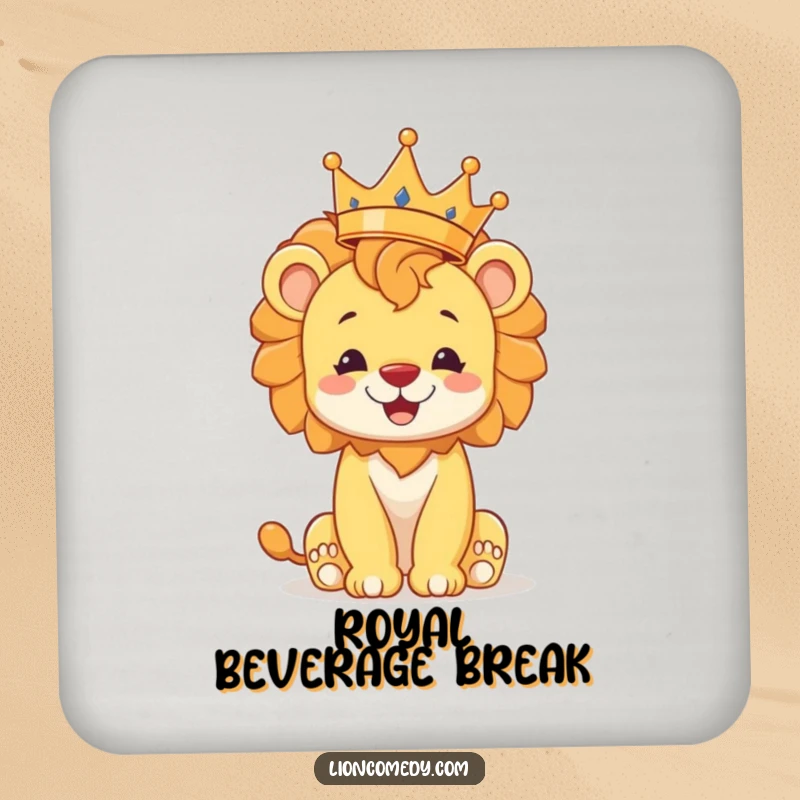 Funny lion cub drink coaster, protecting surfaces with royal charm, a cheerful cub balances a crown, a charming table accessory.