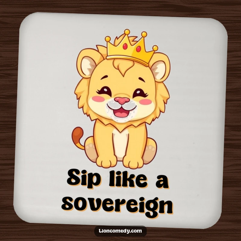 Funny Drink Coaster showcasing a lion cub with a silly grin and a tiny crown, adding regal humor.