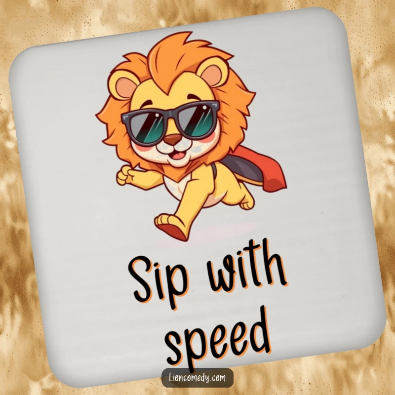 Funny kawaii lion drink coaster featuring a cool lion in shades, running with a cape flowing, protecting surfaces with style.