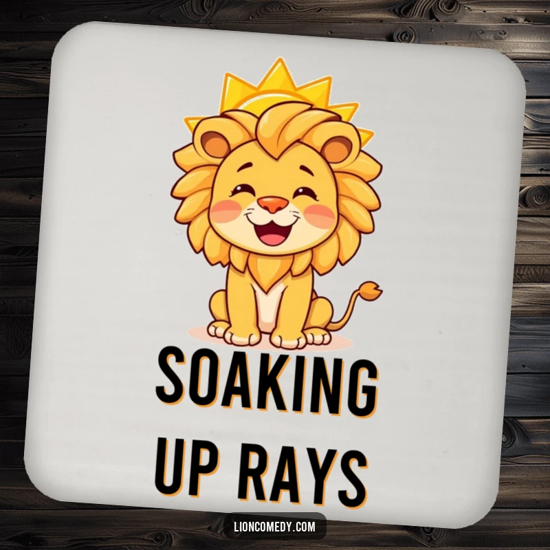 Funny coaster art of a happy lion balancing a bright yellow sun on its nose, adding cheer to any table.