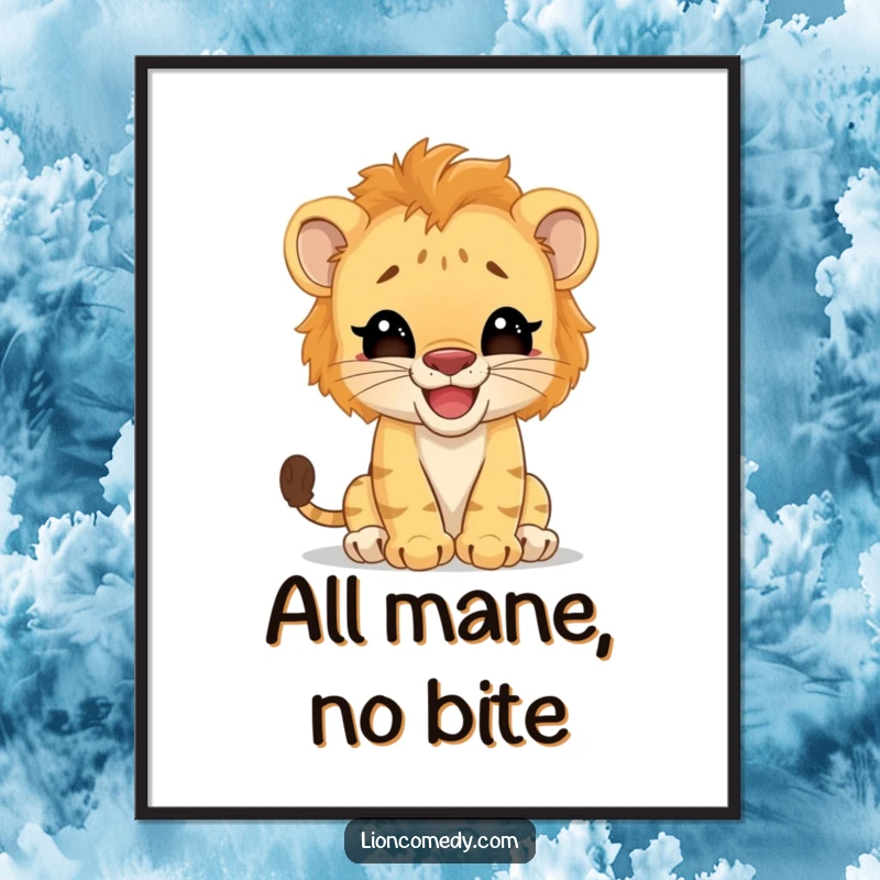 Funny Poster: A giggling lion cub amusingly pretends to be a powerful big cat. Humorous wall art that brings smiles.