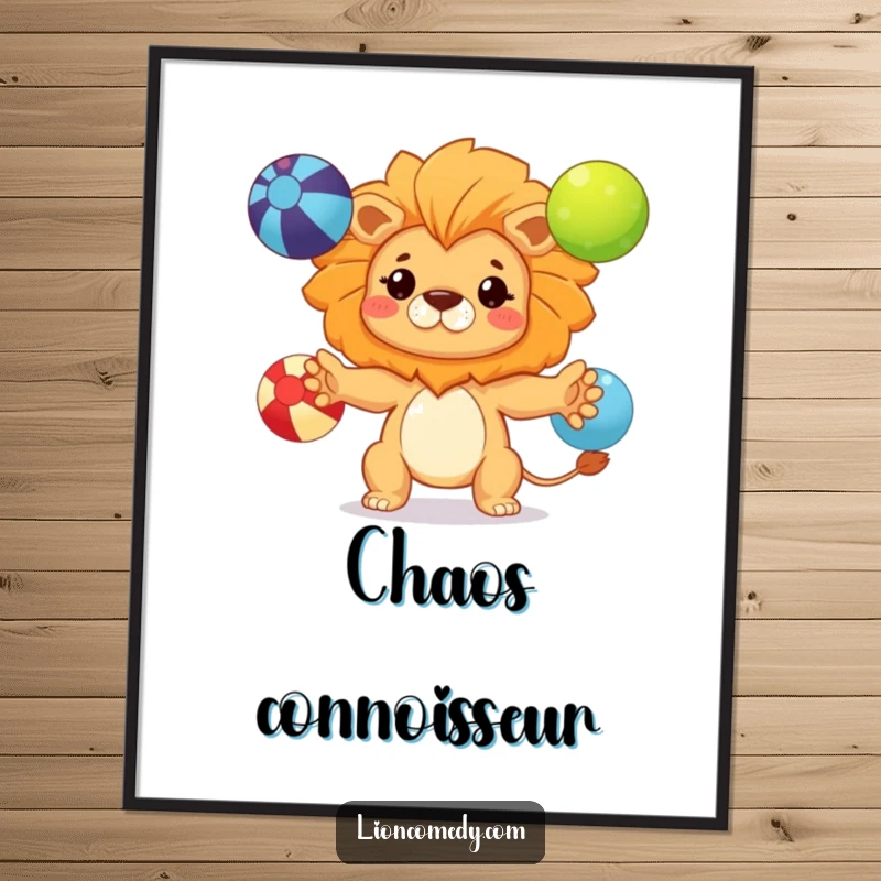 Funny kawaii lion poster of a cute lion with a determined expression, impressively juggling three colorful balls.