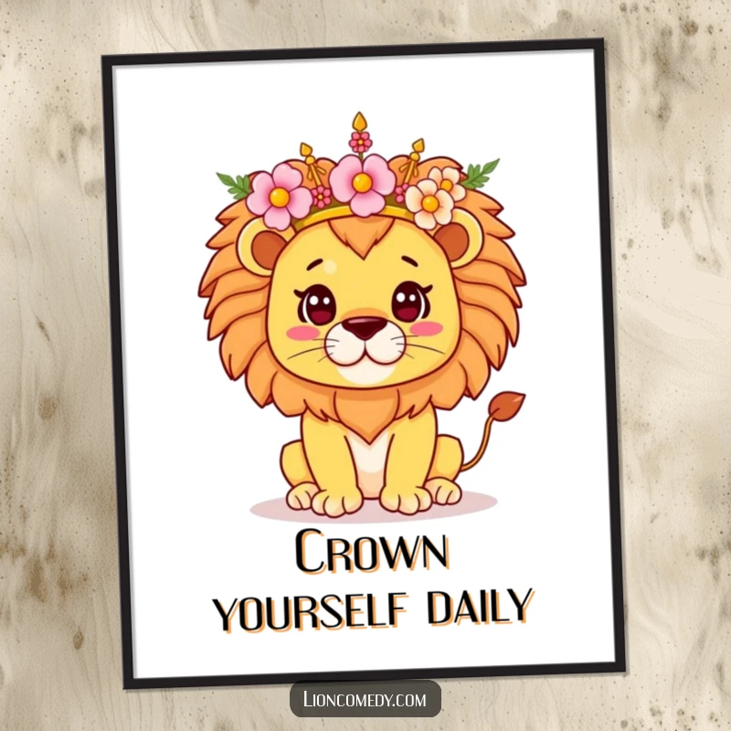 Funny Kawaii Lion Poster print featuring a majestic lion with a proud expression, balancing a delicate crown of flowers, adding charm.