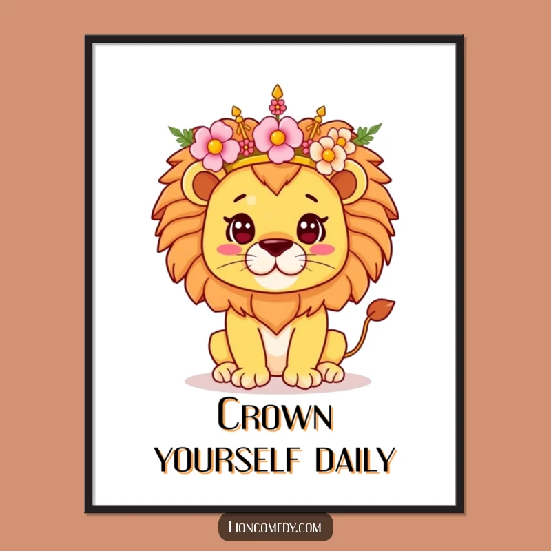 Funny Kawaii Lion Flower Crown Poster - Majestic Wall Art, Cute Gift Decor