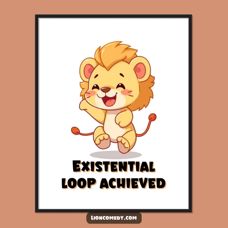 Funny Lion Cub Tail Chase Poster: Adorable Whimsy for Walls, Perfect Funny Gift Decor