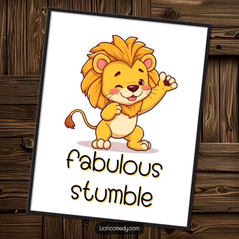 Funny kawaii lion poster depicting a cute lion striking a dramatic pose, followed by a comical trip over its own feet.