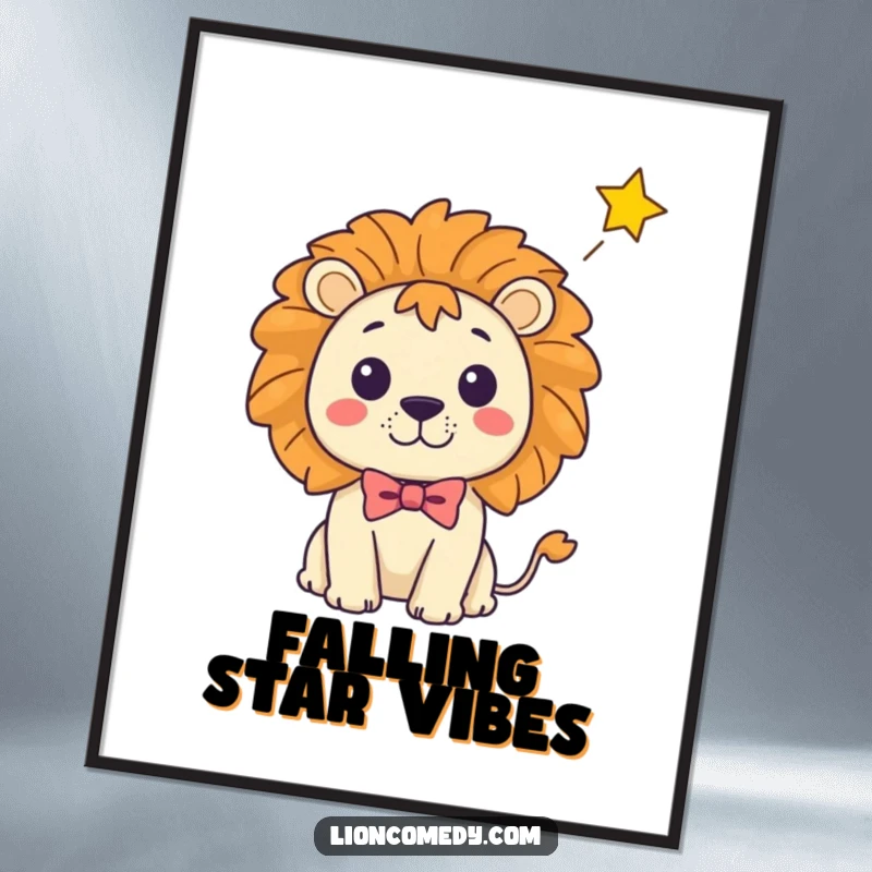 Funny Kawaii Lion Poster: A cute lion wearing a bow tie looks shocked as a star falls, decorative and humorous.