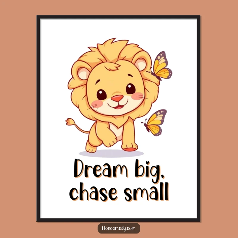 Decorate your space with joy using this funny lion poster. The cheerful lion’s butterfly pursuit is a delightful scene.