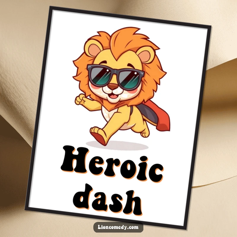 Funny kawaii lion poster depicting a cool lion wearing shades, running with a cape flowing exuberantly, embodying speed and fun.