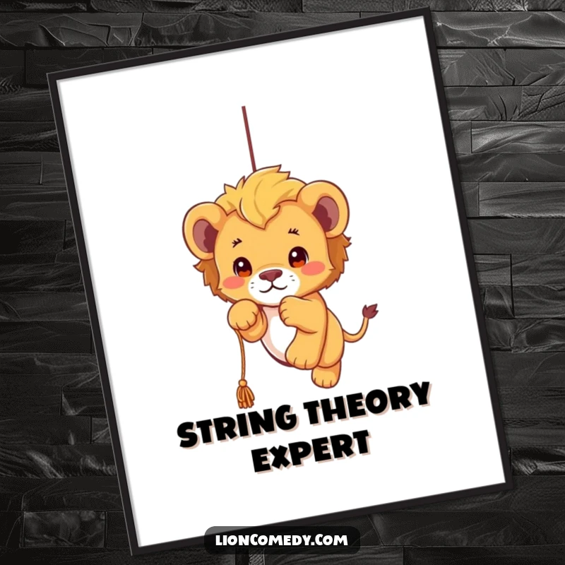 Funny kawaii lion cub poster depicting a sweet cub playfully pouncing on a dangling string, capturing a moment of pure, innocent fun.