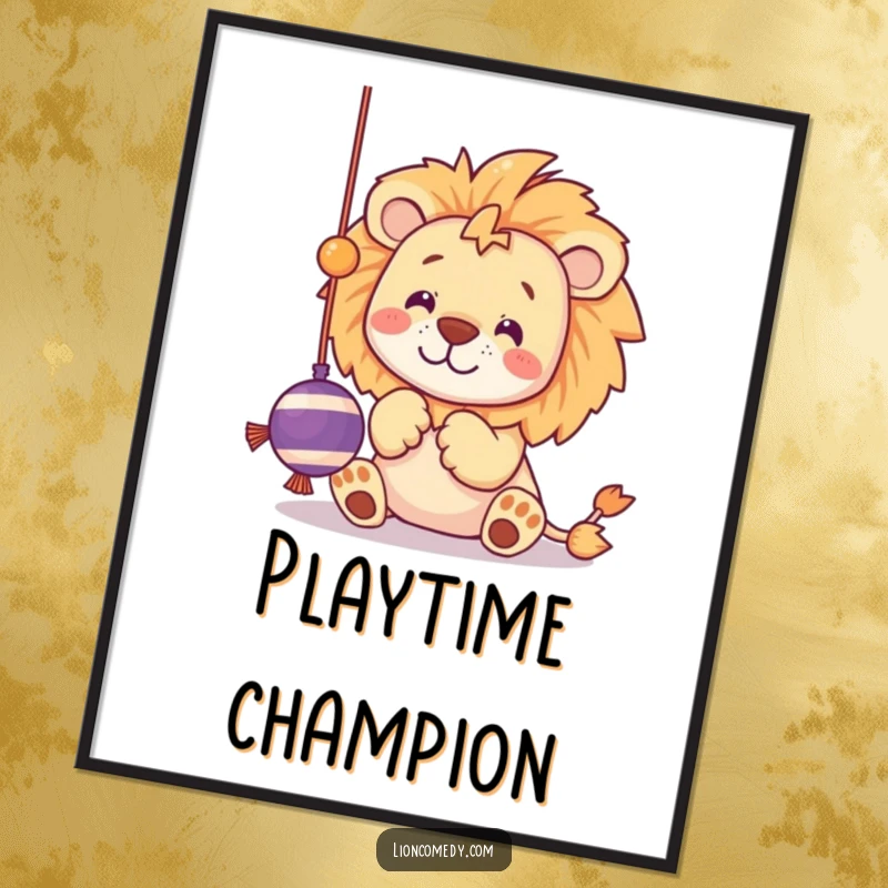 Funny poster of a kawaii lion batting at a dangling string toy with playful paws, capturing playful energy.
