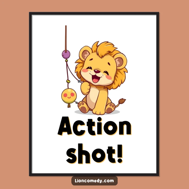 Funny Lion Cub String Toy Poster: Playful Art for Walls, Perfect Funny Gift Decor