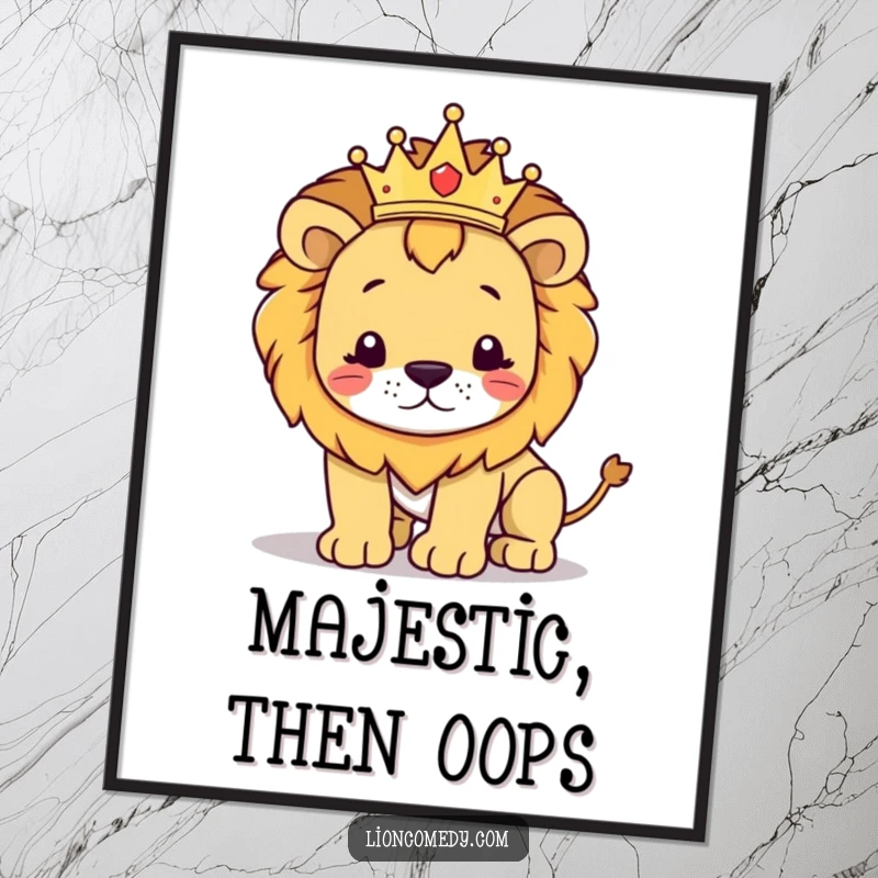 Funny kawaii lion poster capturing a cute lion adorned with a crown, striking a regal pose before a comical stumble.