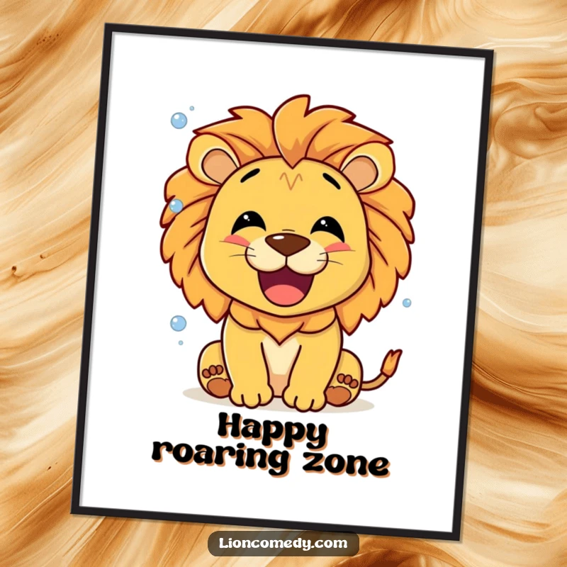 Funny Lion Roaring Bubbles Poster, a smiling lion roaring with pure joy, emitting tiny, whimsical bubbles.