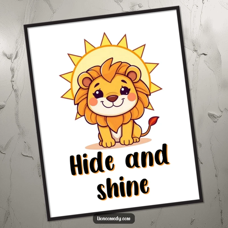 Funny poster of a kawaii lion with a mischievous grin, hiding behind a large, bright sun, adding playful charm.