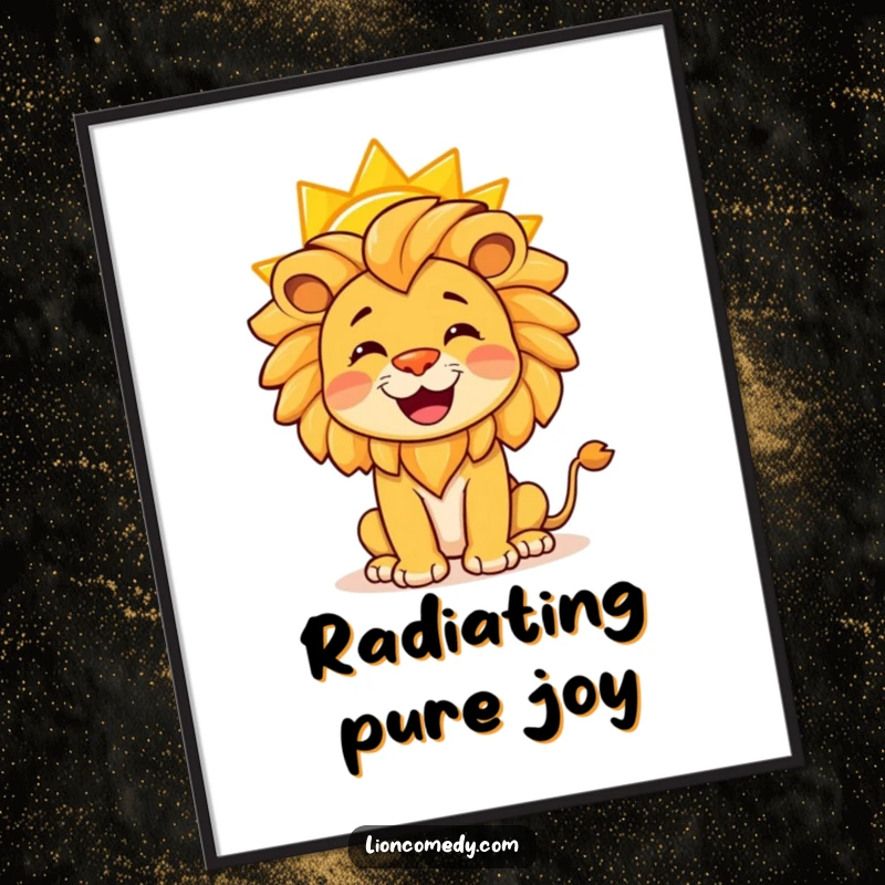 Funny poster art of a happy lion balancing a vibrant yellow sun on its nose, creating a cheerful spectacle.