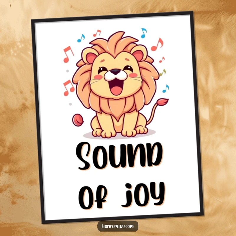 Funny poster of a kawaii lion roaring happily, with musical notes flowing around it, celebrating music.