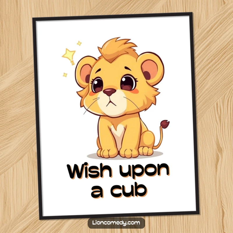 Funny lion cub poster, capturing a moment of pure wonder as a cub watches a shooting star, magical wall art for any room.