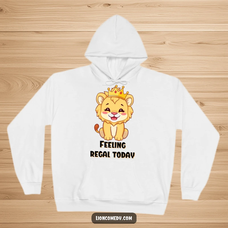 Funny Hoodie with a lion cub wearing a silly grin and a tiny crown, radiating regal and humorous vibes.