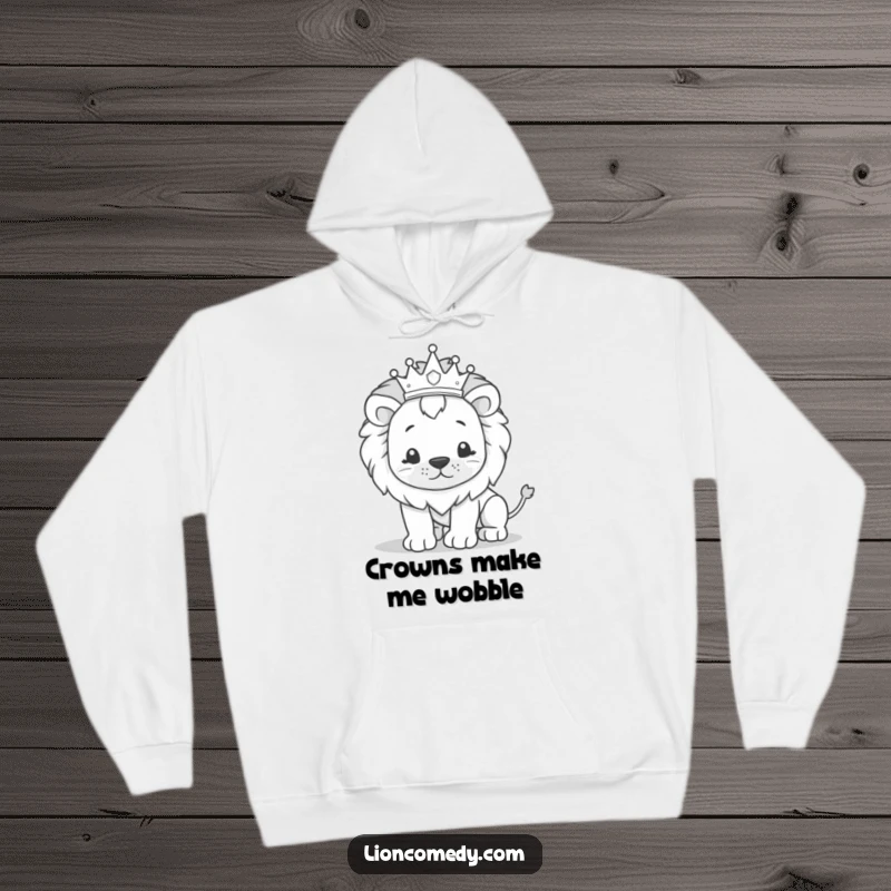 Funny kawaii lion hoodie featuring a cute lion in a crown, exuding regality before a funny, unexpected stumble.