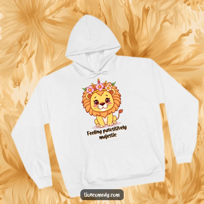 Funny Kawaii Lion Hoodie, a proud creature balancing a vibrant flower crown, ideal for cozy days and spreading cheerful, regal vibes.