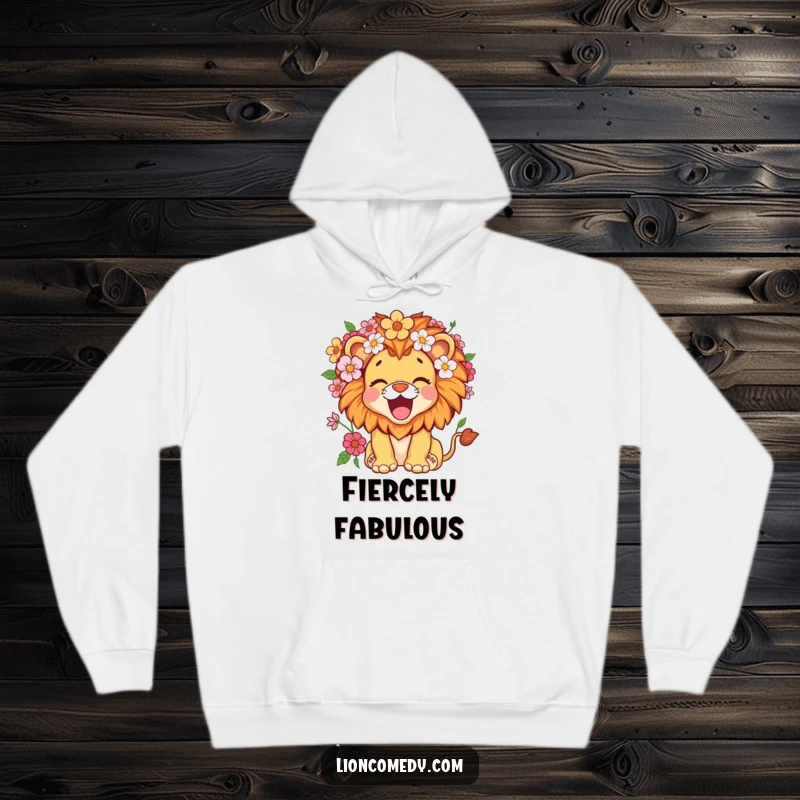 Funny kawaii lion cub with a mane full of flowers, roaring happily, featured on a warm and cozy hoodie.