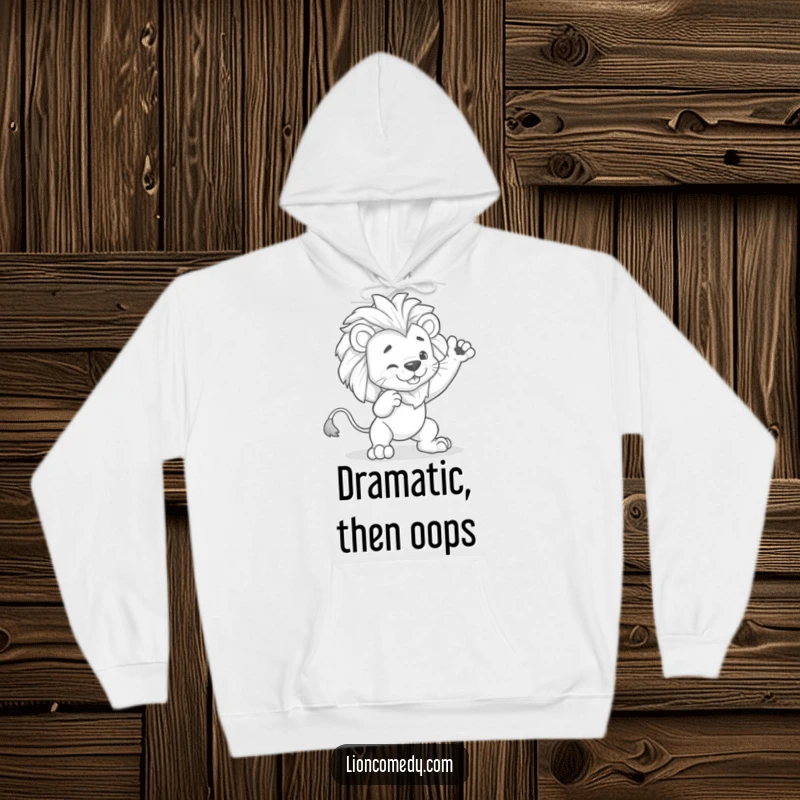 Funny kawaii lion hoodie featuring a cute lion striking a dramatic pose, then humorously tripping over its own feet.