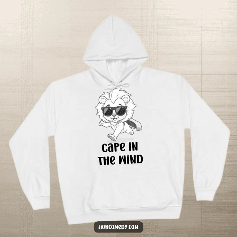 Funny kawaii lion hoodie featuring a cool lion wearing shades, excitedly running with a cape billowing, embodying fun and freedom.