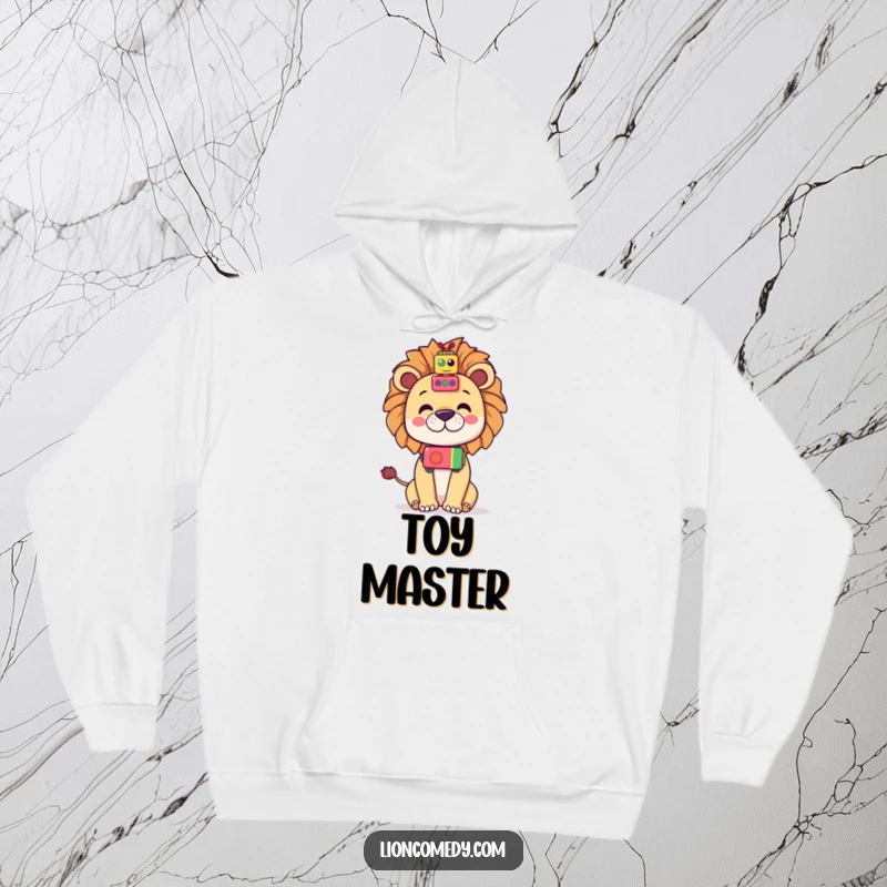 Funny Kawaii Lion Hoodie: A cute lion balancing stacked toys on its nose, comfortable and humorous.