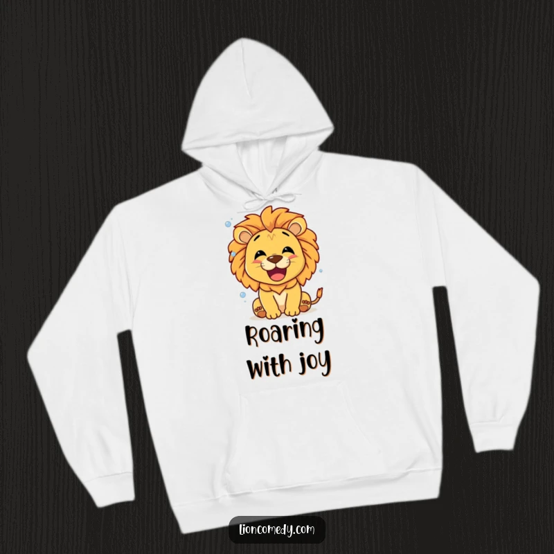Funny Roaring Lion Hoodie, a smiling lion roaring a happy sound, accompanied by tiny, effervescent bubbles.