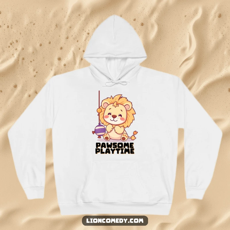 Funny hoodie with a kawaii lion batting at a dangling string toy with playful paws, ideal for cozy fun.