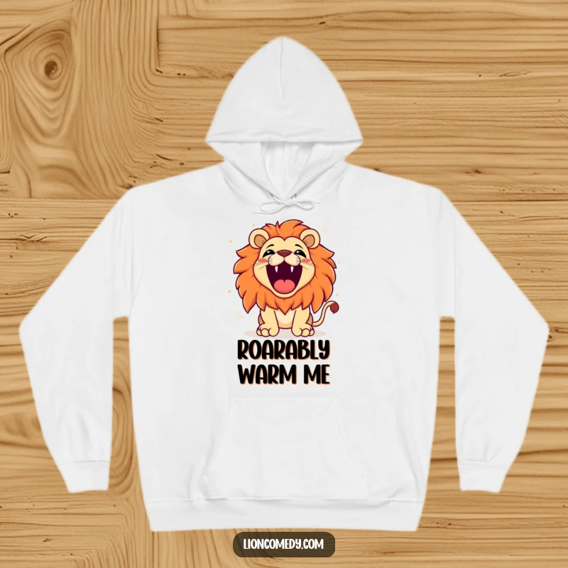 Funny kawaii lion roaring with exaggerated joy, sparkling background, radiating happiness and warmth on a comfortable hoodie.